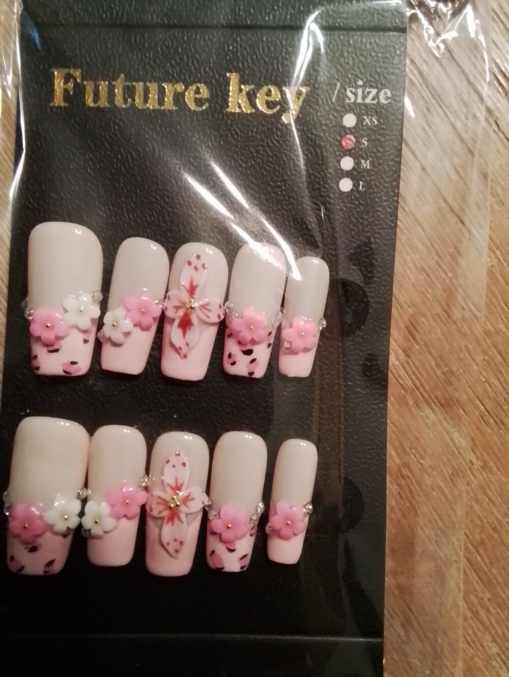 Future Key 3D Pink Floral Press On Nail Set Size Small